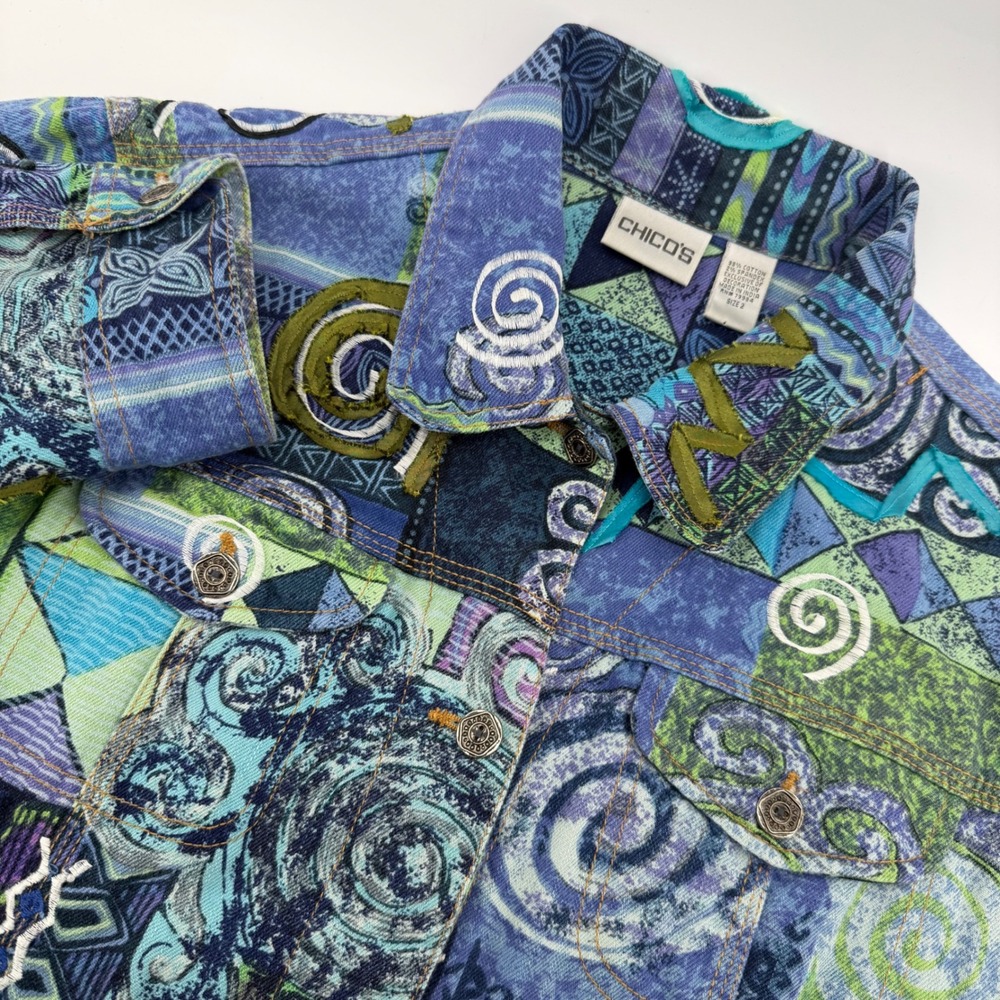 Chico's Vintage Patchwork Denim Jacket Women Size 2 Blue Green Embroidered Art